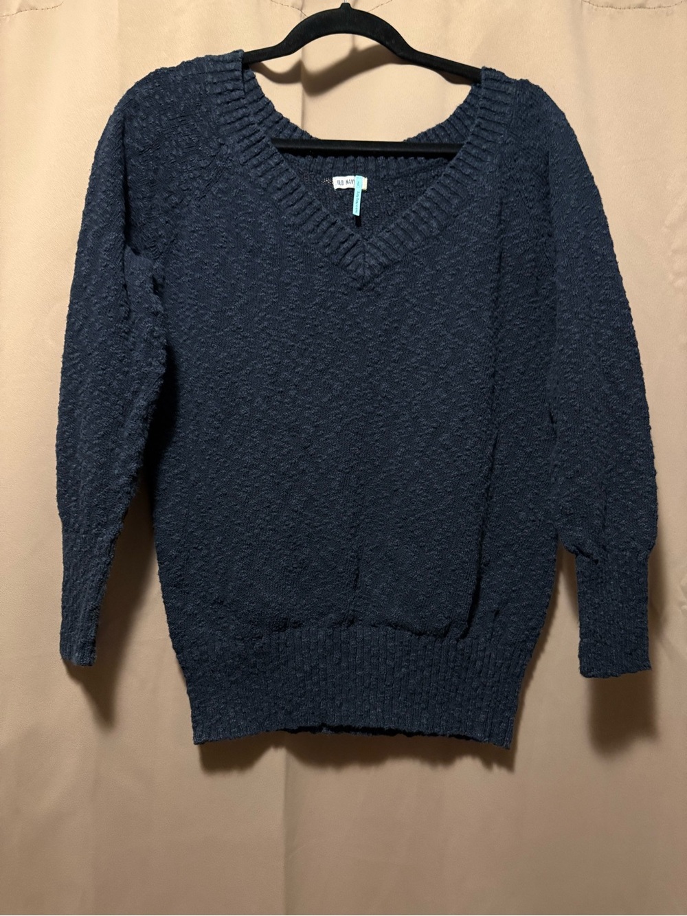 Vintage 90s Old Navy Green Tag Dark Navy Blue Chunky Bouclé V-Neck Sweater - L